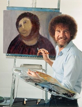 Artist Bob Ross smiling in front of a terrible painting of Beast Jesus.